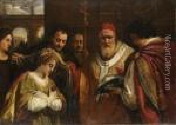 Saint Domitilla Receiving The Veil From Pope Clement Oil Painting - Pietro Da Cortona (Barrettini)