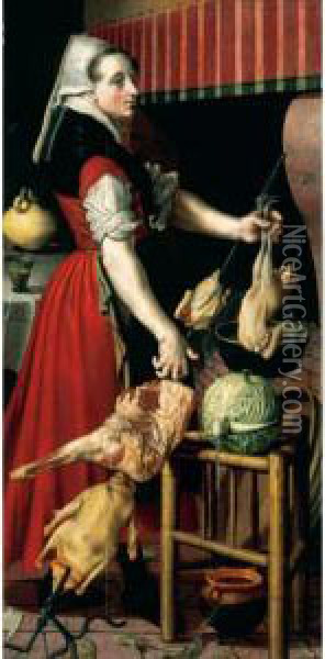 A Kitchen Maid In An Interior Oil Painting - Pieter Aertsen