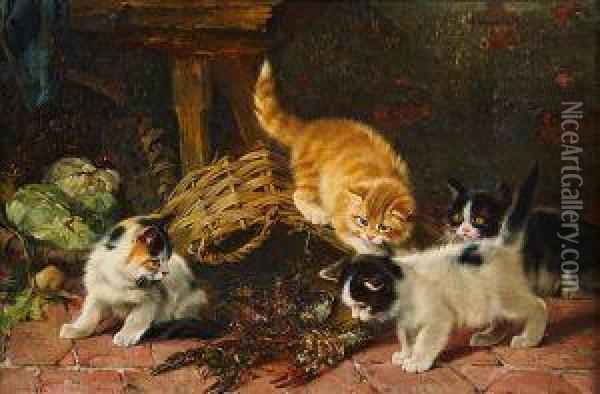 Vier Katzchen Mit Mehreren Aus Einem Korb Kriechenden Flusskrebsen Spielend Oil Painting - Julius Adam
