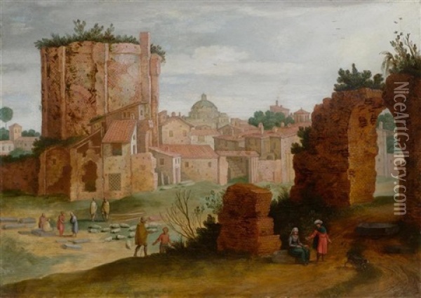 Romische Stadtansicht Mit Ruinen Der Trajansthermen Oil Painting - Willem van Nieulandt the Younger