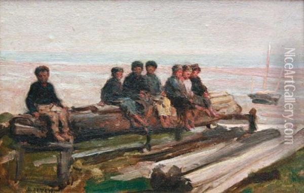 Enfants Assis Sur Un Rondin Au Bord D'uneplage Oil Painting - Jacques Eugene Feyen