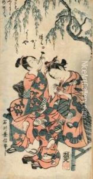 Deux Jeunes Femmes
Assises Sous Un Saule Faisant Des Bulles De Savon. Oil Painting - Ishikawa Shuha Toyonobu