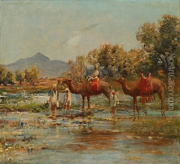 Bedouins With Camels At A River Oil Painting - Holger Hvitfeldt Jerichau