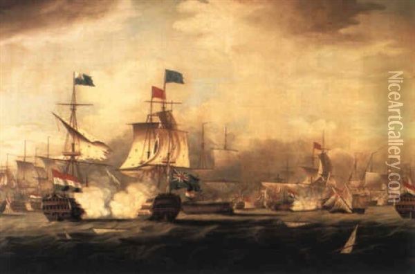 The Battle Of Camperdown, 11 October 1797, The Dutch And    English Flagships In Action In The Foreground Oil Painting - Thomas Buttersworth