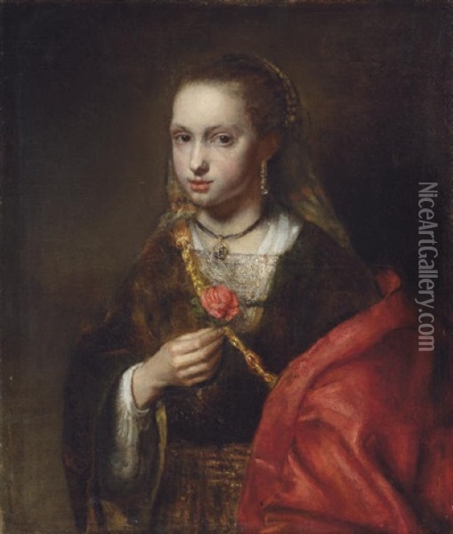 Portrait Of A Lady In A Black Dress And Red Shawl, Holding A Flower Oil Painting - Abraham Van Dyck