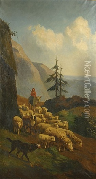 Herderin Met Schapen En Herdershond In Een Bergachtig Landschap Oil Painting - Edouard Woutermaertens