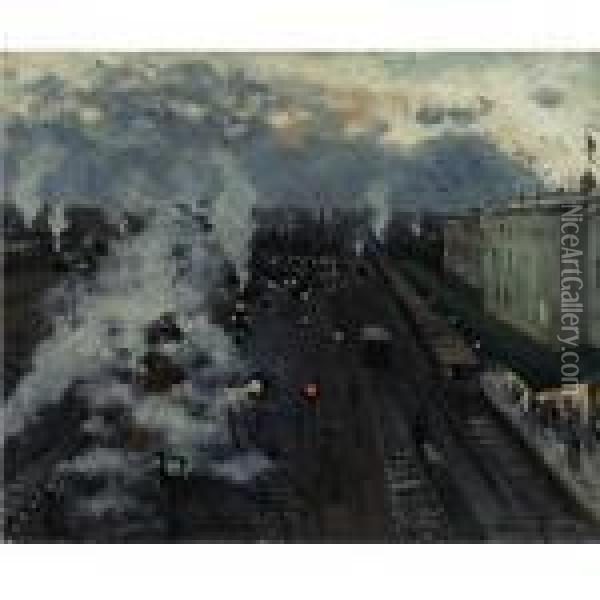 Train Station Oil Painting - Sergey Arsenievich Vinogradov