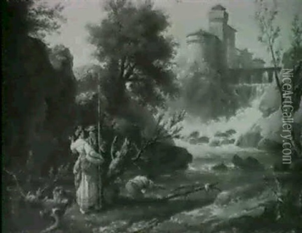 Fisherfolk And A Washerwoman On A Riverbank, A View Of      Tivoli Beyond Oil Painting - Charles Francois Lacroix