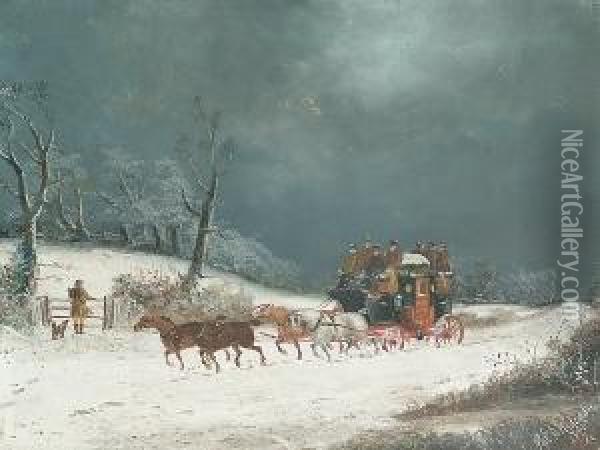 A Stagecoach In A Winter Landscape Oil Painting - Philip H. Rideout