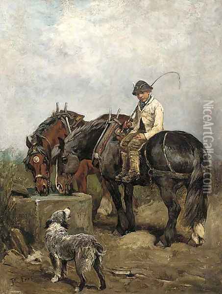 At the water trough Oil Painting - John Emms