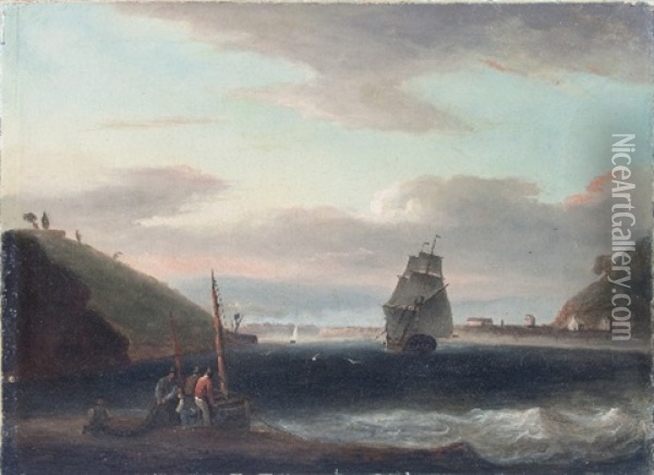 Fisherfolk On The Foreshore With Shipping In The Distance Oil Painting - James Harris