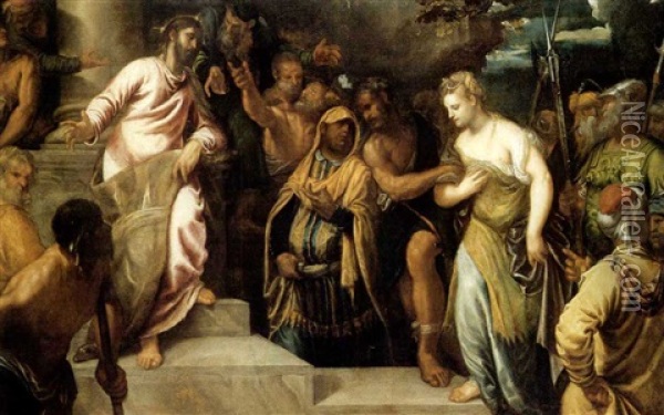 Christ And The Woman Taken In Adultery Oil Painting - Giuseppe (Salviati) Porta