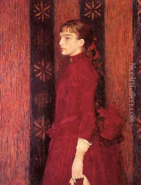 Portrait of a Young Girl in Red Oil Painting - Theo van Rysselberghe