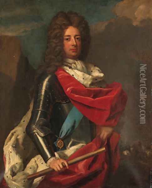 Portrait of John Churchill, 1st Duke of Marlborough (1650-1722), three-quarter-length, in armour with a red ermine trimmed robe Oil Painting - Michael Dahl