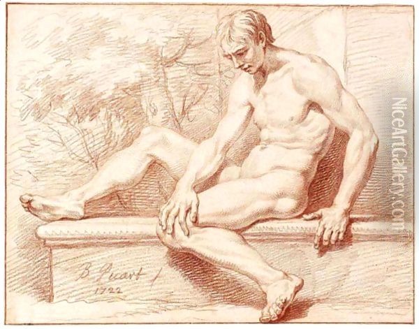 Male Nude, Seated On A Stone Ledge, In A Landscape Oil Painting - Bernard Picart