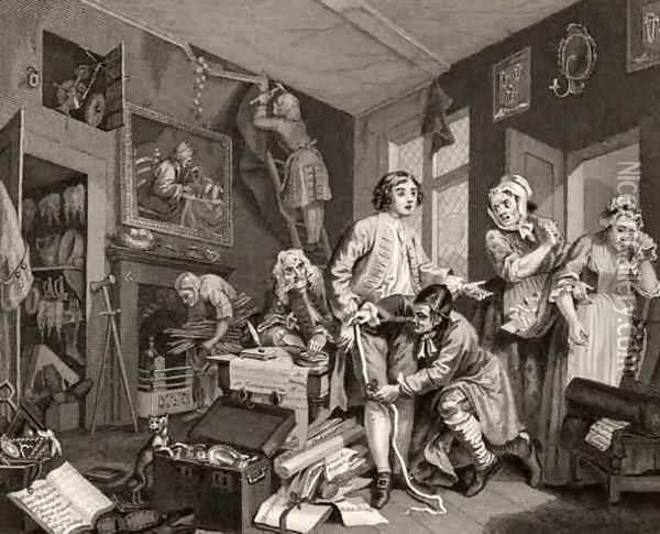 The Young Heir Takes Possession of the Misers Effects plate I from A Rakes Progress Oil Painting - William Hogarth
