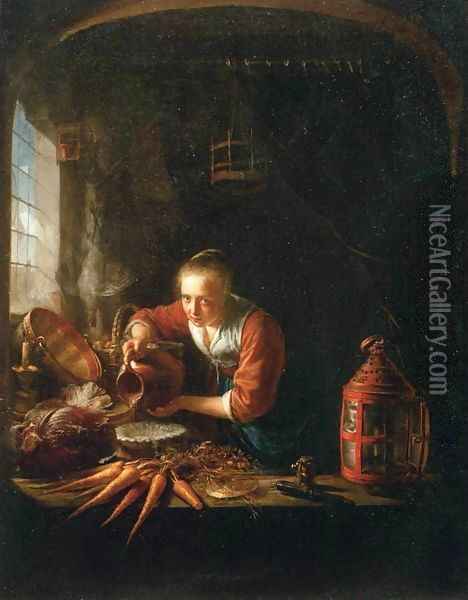 Woman Pouring Water into a Jar Oil Painting - Gerrit Dou