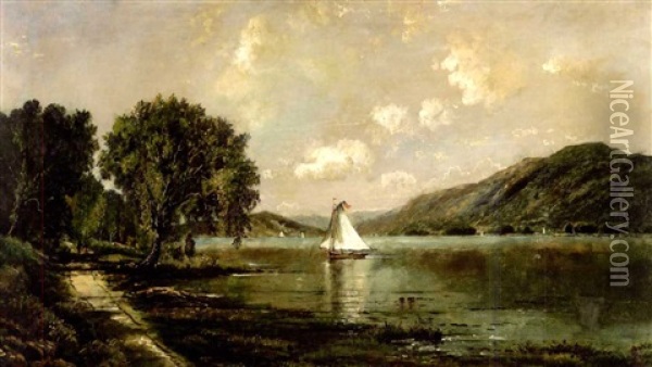 River Landscape With Sailboat Oil Painting - Edmund Darch Lewis