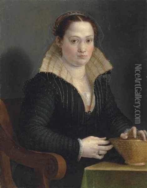 Portrait Of A Lady, Half-length, In A Black Silk Dress With A White And Gold Standing Flared Collar And A Veil, Her Left Hand Resting On A Basket Oil Painting - Prospero Fontana