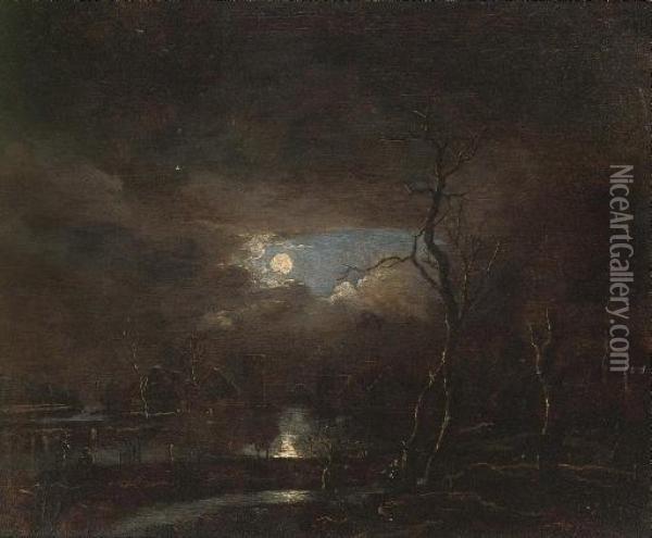 A Moonlit River Landscape With A Village In The Distance Oil Painting - Aert van der Neer