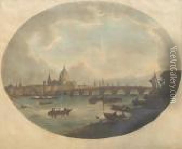And Francis Jukes. View Near Westminster Bridge; View Near Black Friers Bridge Oil Painting - Valentine Green