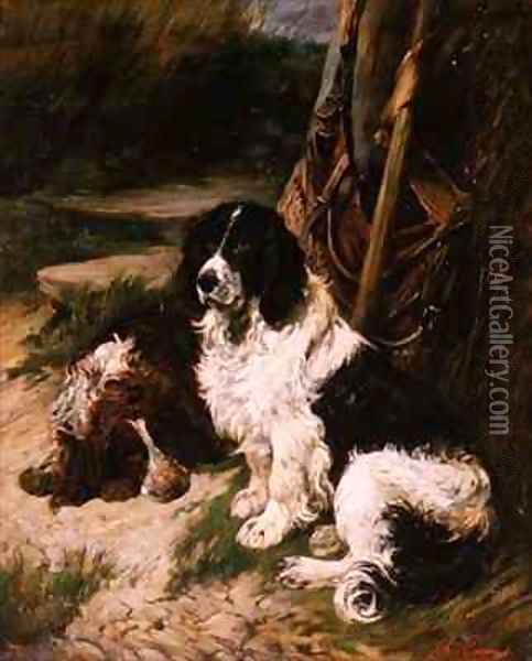 Brown and White and Black and White Spaniel Oil Painting - John Emms