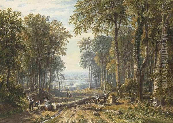 Woodcutters At Park Place, Henley, The River Thames Oil Painting - William Havell