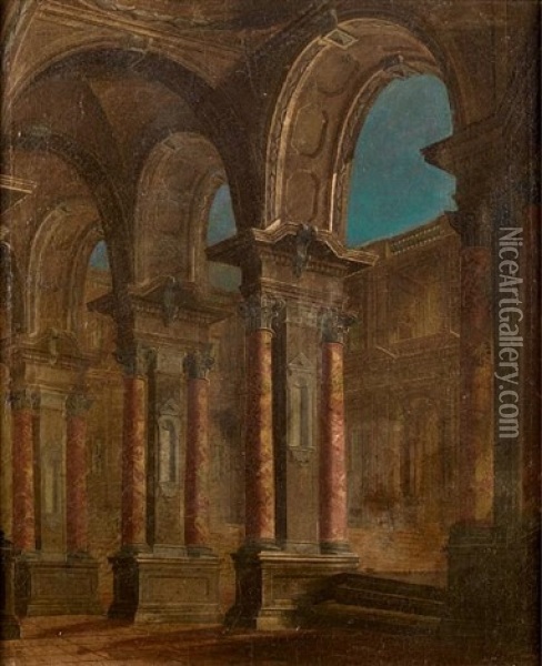An Architectural Capriccio Of A Colonnade Looking Onto A Palace Courtyard Oil Painting - Vittorio Maria Bigari