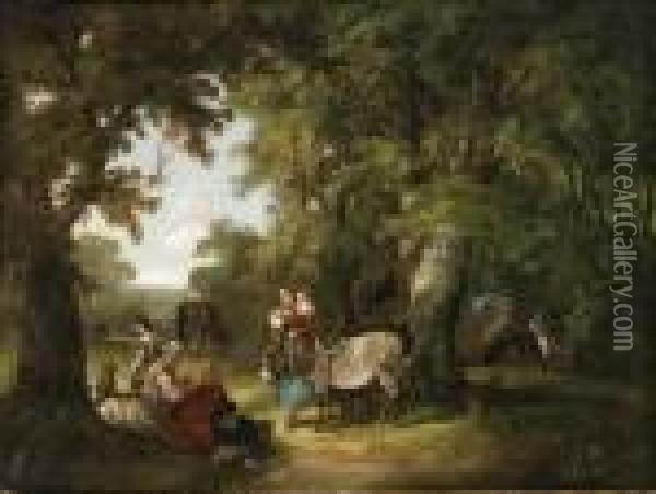 Countryfolk Resting In A Wooded Clearing Oil Painting - Snr William Shayer