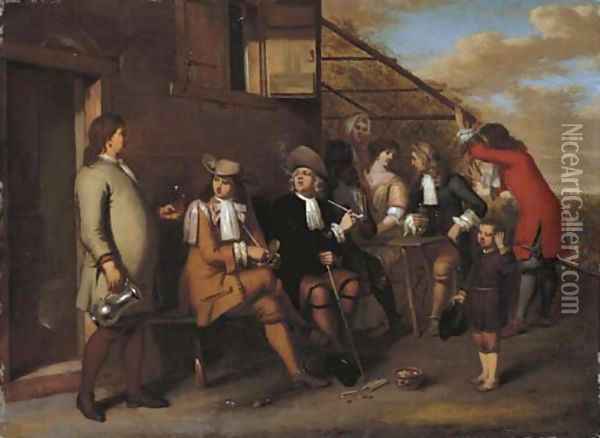 Elegant company smoking and drinking outside an inn Oil Painting - Gerard Hoet