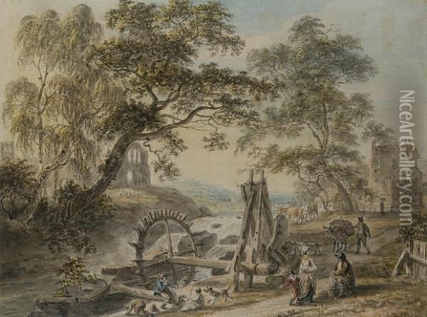 Watermill On The River Exe, Devon Oil Painting - Paul Sandby