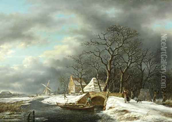 A winter landscape with a woodgatherer crossing a bridge and a peasant in a punter nearby Oil Painting - Gerrit Hendrik Gobell