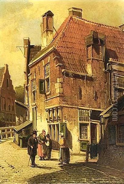Villagers In The Streets Of A Dutch Town Oil Painting - Willem Koekkoek