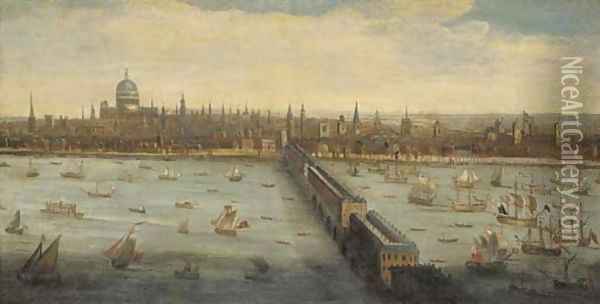 View of the River Thames and the City of London taken from the South Bank at Southwark, with old London Bridge, and the Pool of London Oil Painting - English School