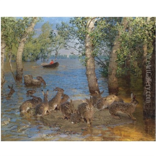 Hares In A Flood Oil Painting - Jakob Weber