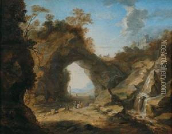Paesaggio Montano Con Due Cacciatori Che Attraversano Un Arco Di Roccia Oil Painting - Bartholomeus Breenbergh