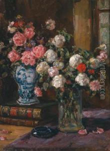 Still Life With Roses In A Vase And Books Oil Painting - Luma Von Flesch-Brunningen