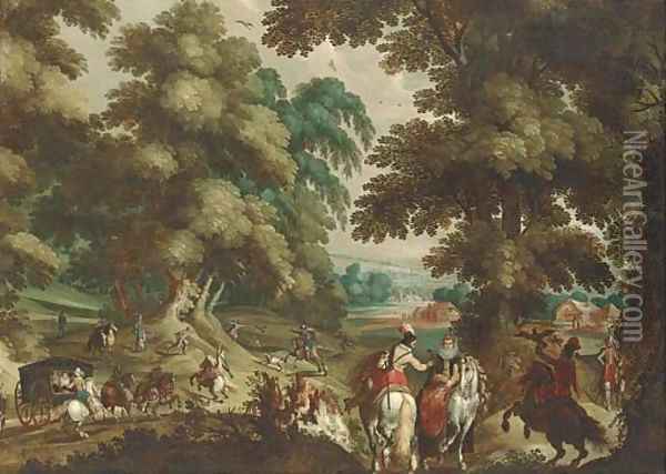 A wooded landscape with a hawking party and elegant company in a carriage Oil Painting - Sebastian Vrancx