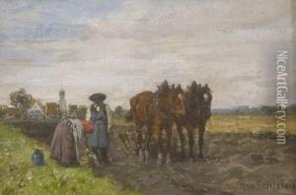Bauernpaar Mit Pferdegespann Auf
 Dem Acker. Oil Painting - Robert Schleich