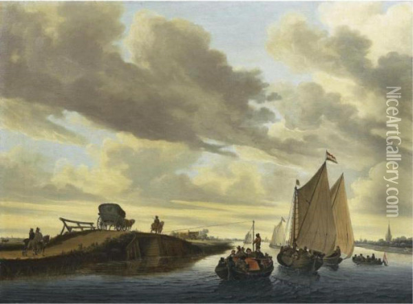 Shipping On An Inland Canal, With A Barge Being Pulled By A Horse From The Towpath Oil Painting - Salomon van Ruysdael