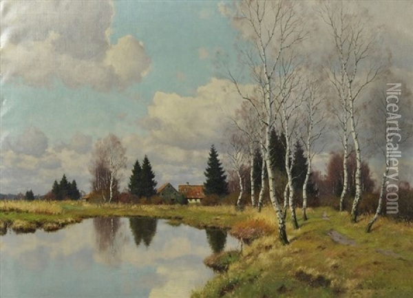 Landschaft Mit Birken Am Weiher (dachauer Moos) Oil Painting - Karl Schaette