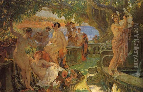 Nymphs Eating Fruits And Making Music On A Balcony In An Arcadian Landscape Oil Painting - Paul Jean Gervais