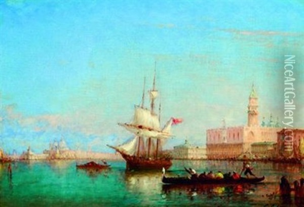 Troit Mats Et Gondole Sur La Lagune Pres De La Place Saint Marc A Venise Oil Painting - Charles Clement Calderon
