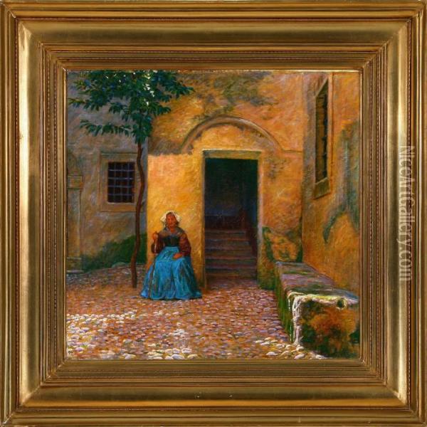 Old Woman In A Courtyard Oil Painting - Kristian Zahrtmann