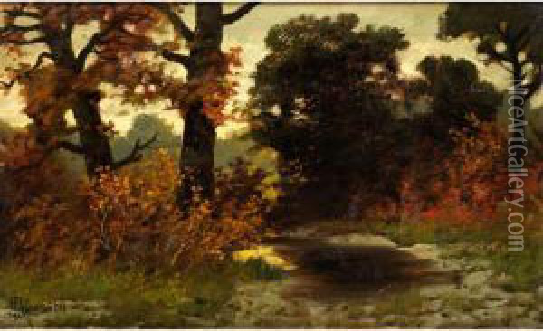 Herbstlich Verfarbte Baume Am Waldrandmit Kleinem Wassertumpel Im Spatlicht Oil Painting - Hermann Traugott Rudisuhli