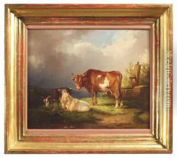 Rural Landscape With Animals At A Font Oil Painting - Edmund Mahlknecht