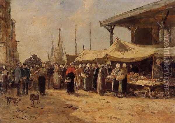 Trouville, Fish Market I Oil Painting - Eugene Boudin