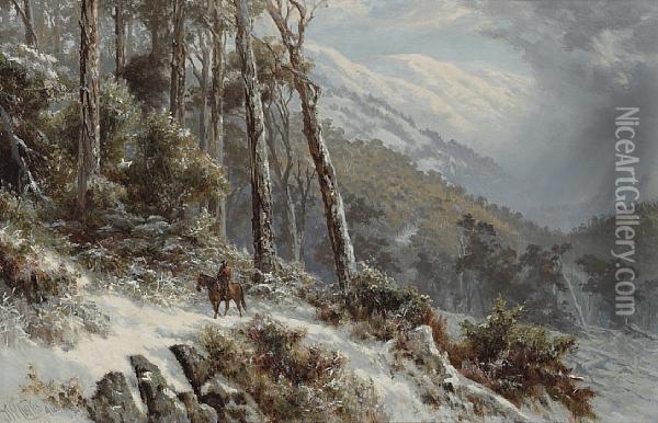 A Wintry Mountainous Landscape With A Horseman On A Path Oil Painting - James Waltham Curtis