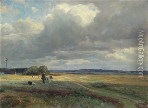 Landscape With A Farmer And Cows In The Field Oil Painting - Knud Erik Larsen