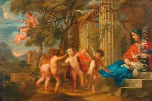 Madonna And Child With Dancing Putti. Oil Painting - Nicolas Loir